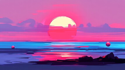 Obraz premium Vibrant Pink Sunset Reflecting Calm Ocean Waters. AI Generated