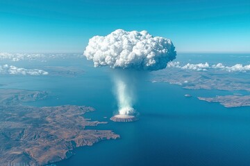Aerial View of Volcanic Eruption, Island Landscape with Massive Ash Cloud