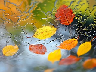 Abstract Fall Leaves Sticking to a Rain-Covered Glass Window, Vibrant Autumn Foliage in Red, Orange, and Yellow with Blurred Background and Water Droplets for a Cozy Seasonal Mood