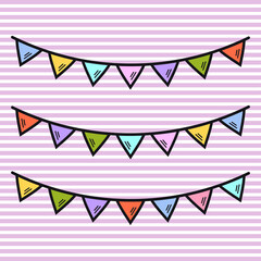 Garland of colorful triangular flags. Festive decoration. Vector illustration.