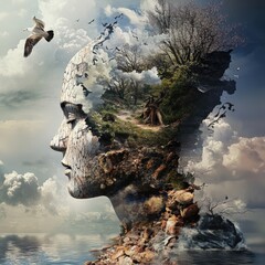 Fototapeta premium Nature and humanity blend in a surreal landscape featuring a woman's face with earthy textures and vibrant skies. Generative AI