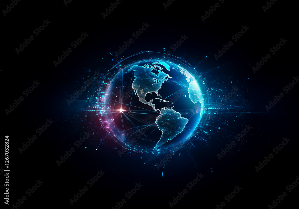 Leinwandbilder digital globe with glowing network connections and particles on a black background, showcasing a fut