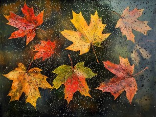 Abstract Fall Leaves Sticking to a Rain-Covered Glass Window, Vibrant Autumn Foliage in Red, Orange, and Yellow with Blurred Background and Water Droplets for a Cozy Seasonal Mood