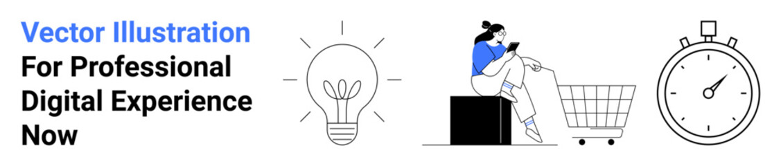 Light bulb symbolizing ideas, person with shopping cart on phone, stopwatch for time. Ideal for e-commerce, innovation, productivity, time management, online retail, creativity flat landing page