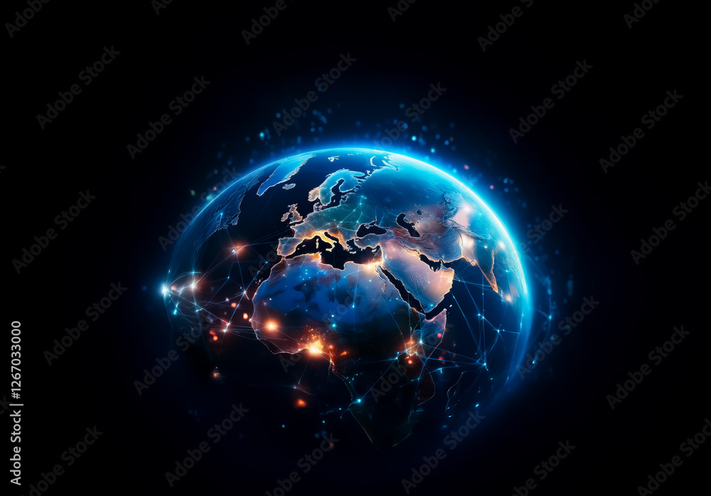 Aufkleber a glowing globe of earth is depicted against a dark background, highlighting continents and networks