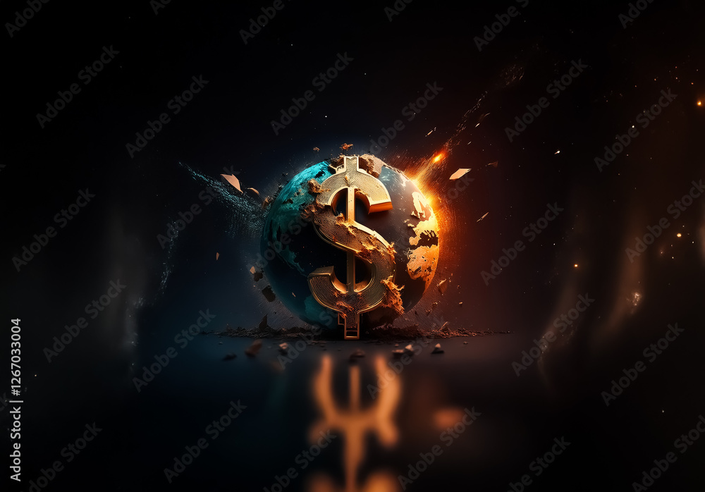 Poster golden dollar symbol on a globe with a dark background. explosions and fire effects create a dramati