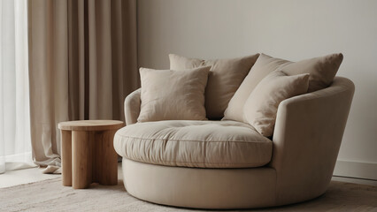 Cozy Beige Lounge Chair with Wooden Side Table in Minimalist Living Room