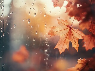 Abstract Fall Leaves Sticking to a Rain-Covered Glass Window, Vibrant Autumn Foliage in Red, Orange, and Yellow with Blurred Background and Water Droplets for a Cozy Seasonal Mood