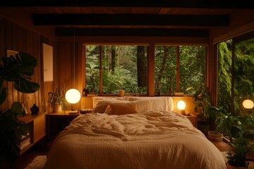 Cozy bedroom with forest view Relaxing in nature at home
