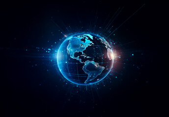 Digital globe with glowing blue continents and light rays in dark space. Represents global connection and futuristic technology.