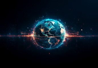 Fototapeta premium Glowing digital Earth sphere. Blue and orange energy trails illuminate continents. Abstract representation of global network and technology in space.