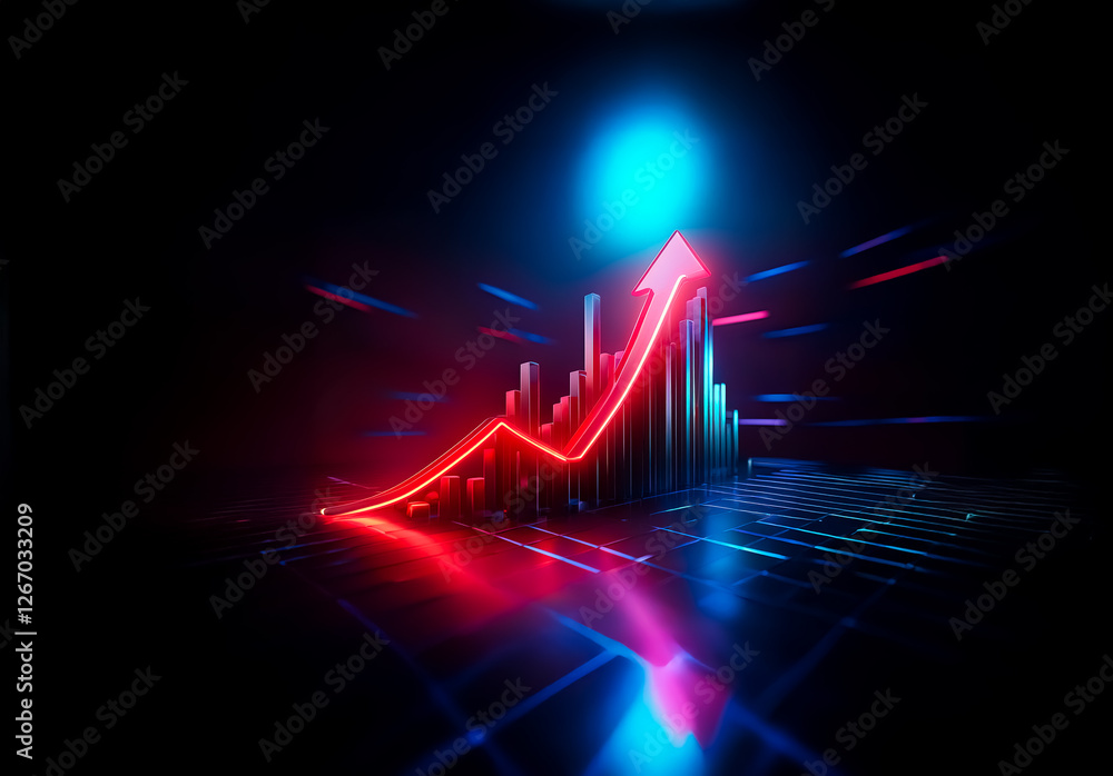 Aufkleber a glowing red arrow and bar graph ascend against a dark backdrop illuminated with blue neon accents,