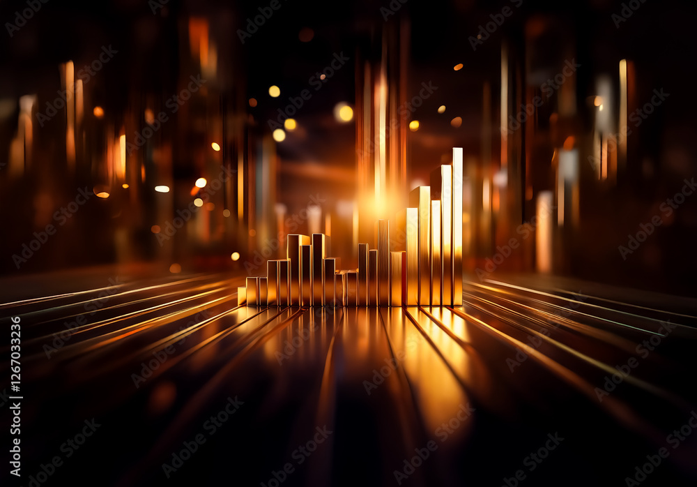 Aufkleber Golden bars stand on a reflective surface, illuminated by bokeh lights in a dark, blurred background.  An abstract and elegant display with a metallic shine.