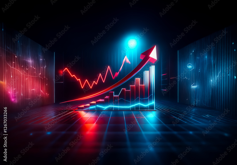 Leinwandbilder Neon red and blue graphs with upward arrow in digital dark space represent growth and progress.