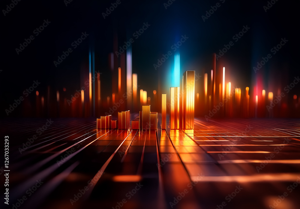 Poster abstract glowing bars rise from a grid surface, illuminated with warm hues against a dark backdrop, 