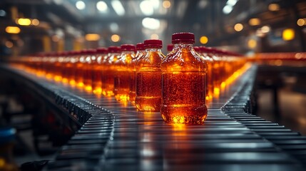 Obraz premium Rows of amber liquid-filled plastic bottles moving on a factory conveyor belt.