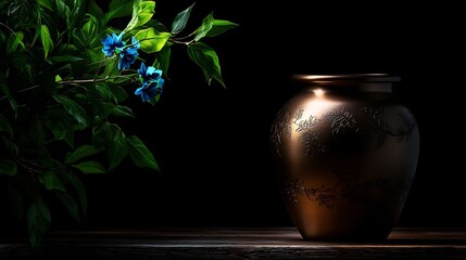 Brass Vase with Detailed Engraving Beside Green Foliage on Wooden Table