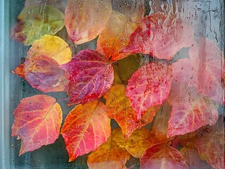 Abstract Fall Leaves Sticking to a Rain-Covered Glass Window, Vibrant Autumn Foliage in Red, Orange, and Yellow with Blurred Background and Water Droplets for a Cozy Seasonal Mood