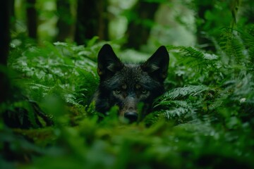 Wolf peers through ferns in dense forest. Wildlife stock