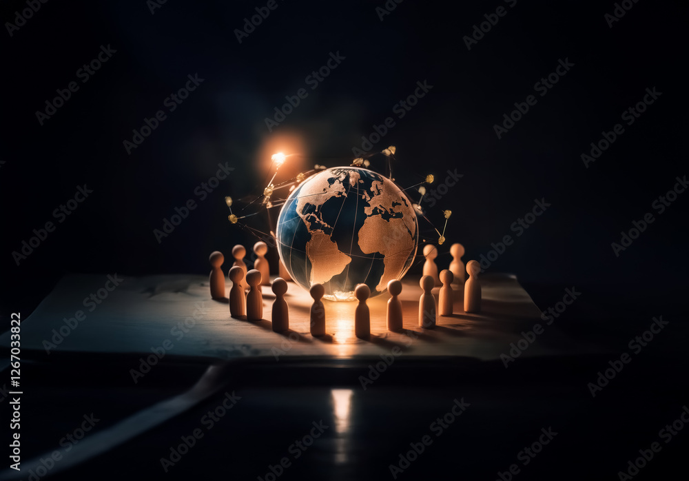 Poster a glowing globe with network connections is surrounded by wooden figures standing on a map, illumina