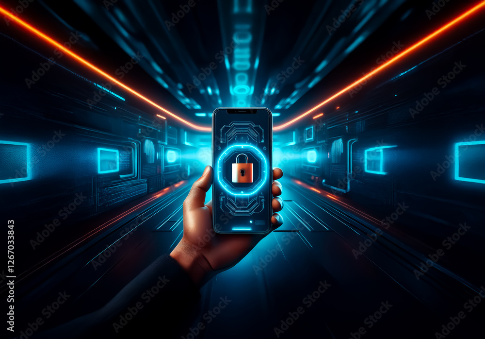 Poster A hand securely holds a smartphone displaying a lock icon, symbolizing digital security. The futuristic backdrop features glowing blue and orange neon lights, highlighting technology and protection.