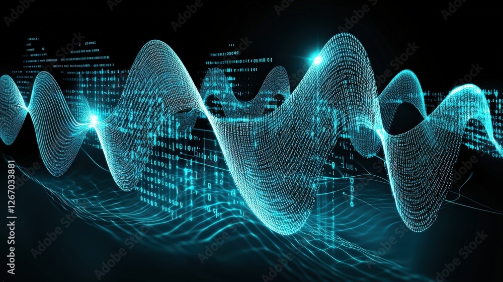 Poster abstract blue lines wave pattern flowing through a black background representing data and network co
