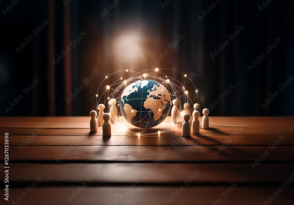 Poster Wooden figures encircle a globe connected by glowing lines, illustrating global network and communication on a wooden table surface in a blurred setting.