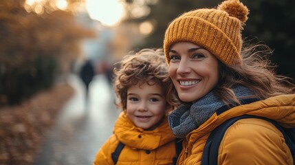 Obraz premium Happy Mother and Son Enjoying Autumn Day Outdoors