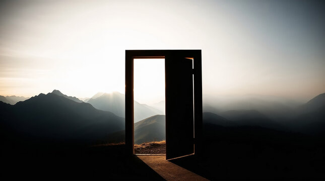 Door frame on a mountain top. Beautiful conceptual wallpaper with sunset in highlands