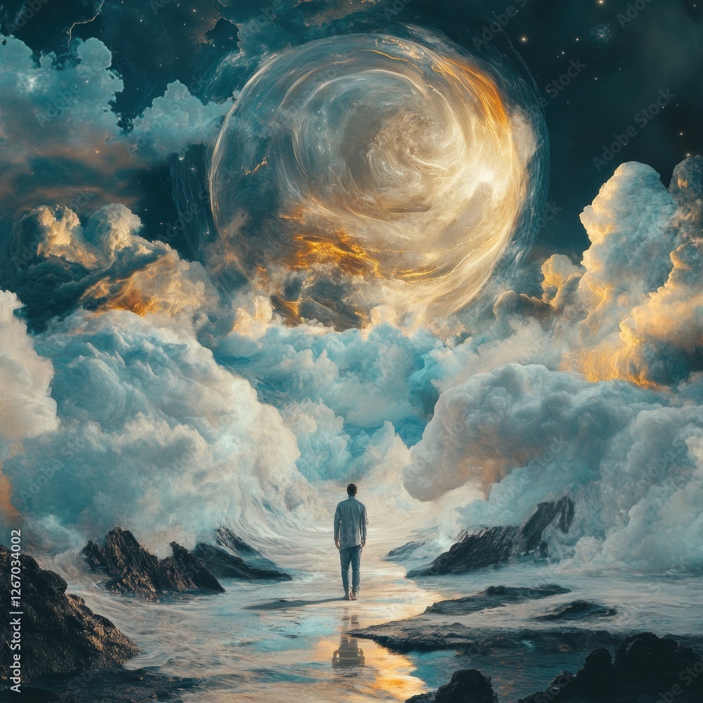 Poster surreal landscape with a solitary figure walking towards a luminous celestial sphere above clouds at