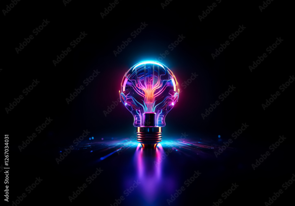 Poster glowing lightbulb with neon lines, futuristic and vibrant against black. a digital creation of energ