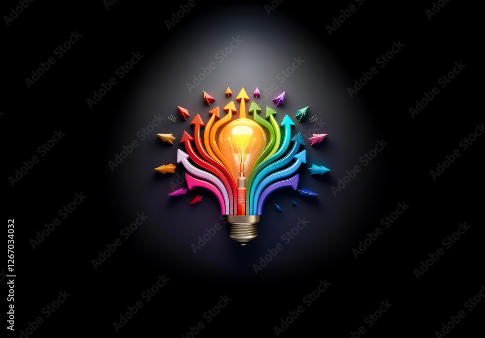 Poster a glowing lightbulb made of colorful arrows pointing upwards on a dark backdrop. it represents brigh
