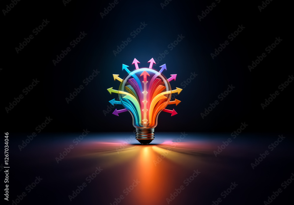 Poster a vibrant lightbulb radiates colorful arrows in all directions against a dark backdrop, symbolizing 