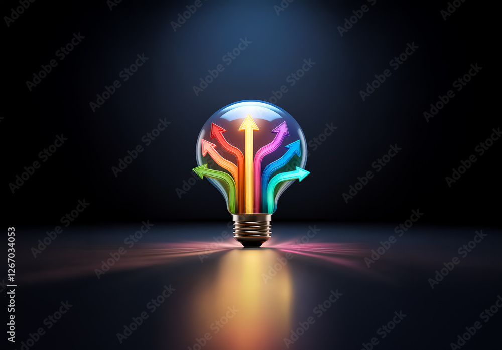 Poster A bright lightbulb illuminates colorful arrows pointing upwards, symbolizing diverse ideas and solutions emerging from a central source in the darkness.