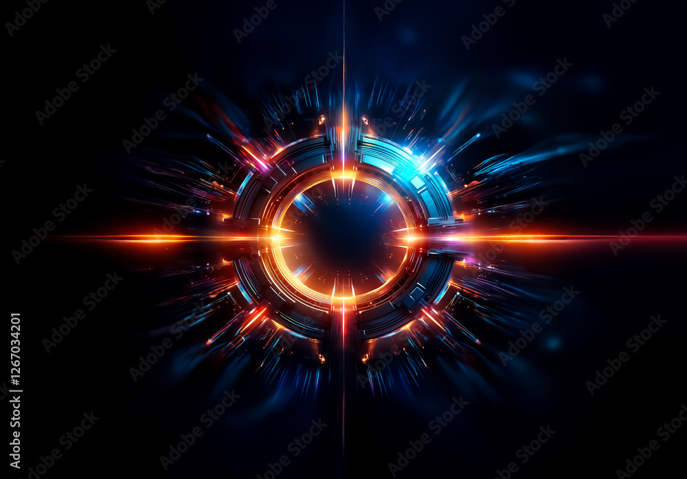 Poster A vibrant, abstract circular design bursts with energy against a dark backdrop. Glowing orange and blue light emanates from the center, creating a dynamic and futuristic effect.