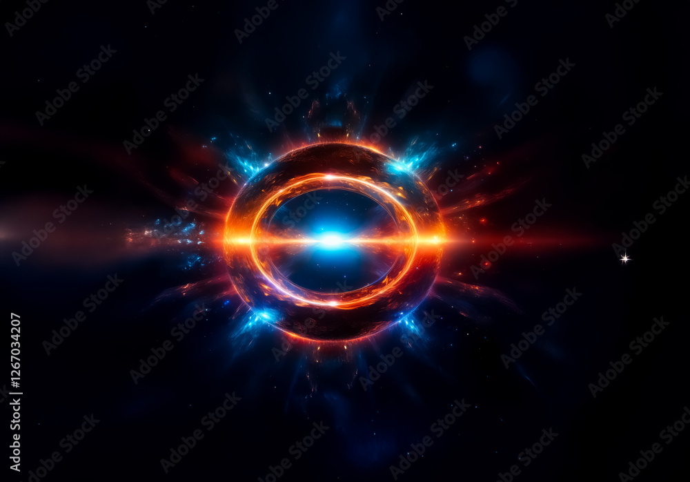 Aufkleber Circular abstract energy core with vibrant orange and blue glows against a dark cosmic backdrop. A futuristic and dynamic design element for science or technology themes.
