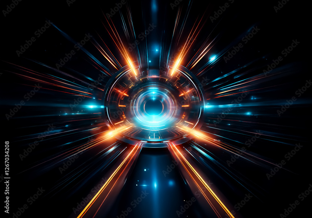Leinwandbilder Abstract circular design with radial lines in blue and orange, creating a futuristic and dynamic effect against a dark backdrop.