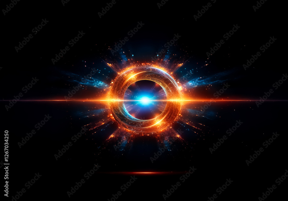 Poster Circular, radiant light form with core of blue and outer rings of fiery orange.  Explosions of light emanate dynamically against a dark backdrop.