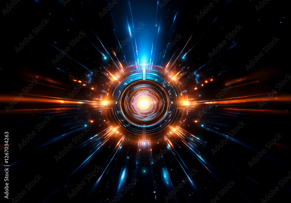 Poster energetic abstract light form. central glowing circle with radiating orange and blue beams on dark b