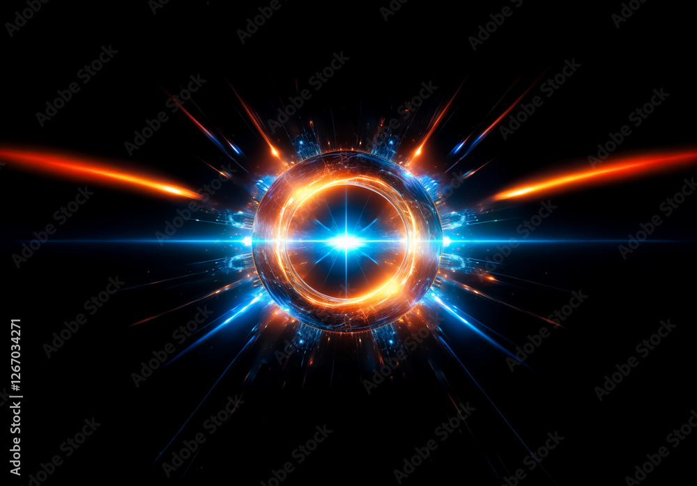 Poster abstract image of a vibrant sphere emitting bright blue and orange rays of light on a dark backdrop,
