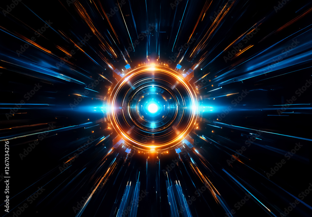 Poster abstract depiction of a luminous blue orb at the center, surrounded by orange rings, emitting radial