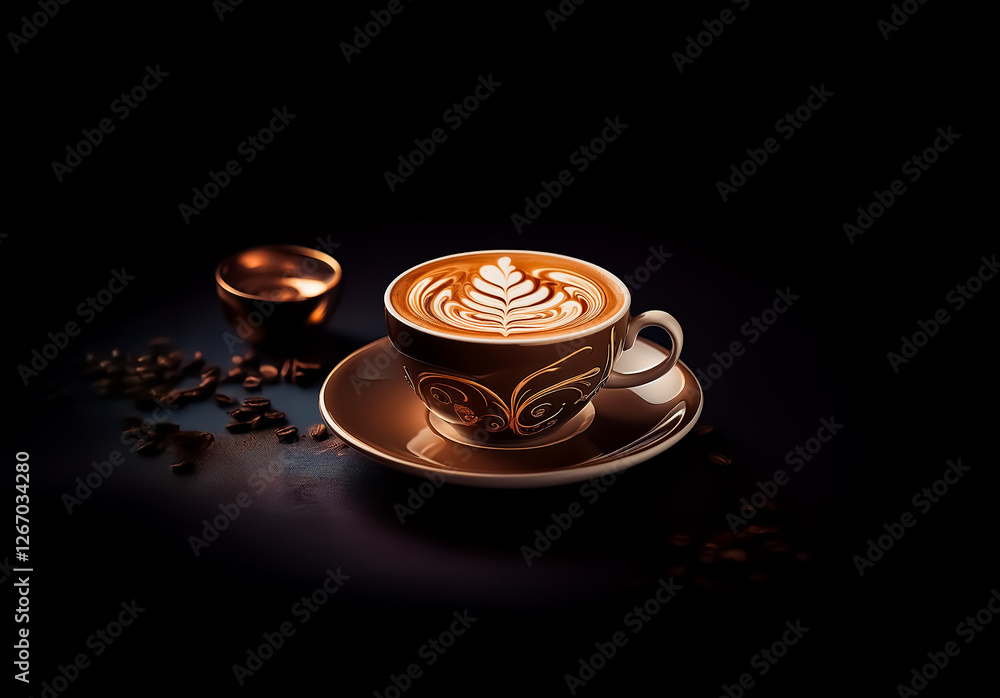 Poster a cup of coffee with leaf latte art is presented with scattered beans and a small bowl. warm light i