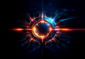Fototapeta premium A vibrant, abstract circular design bursts with energy against a dark backdrop. Glowing orange and blue light emanates from the center, creating a dynamic and futuristic effect.