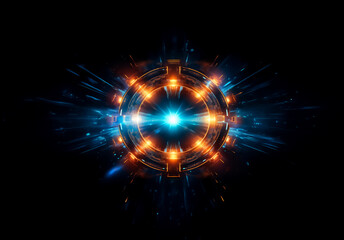 Futuristic glowing orb with a bright core, surrounded by rings, emitting rays of blue and orange light on a dark backdrop.