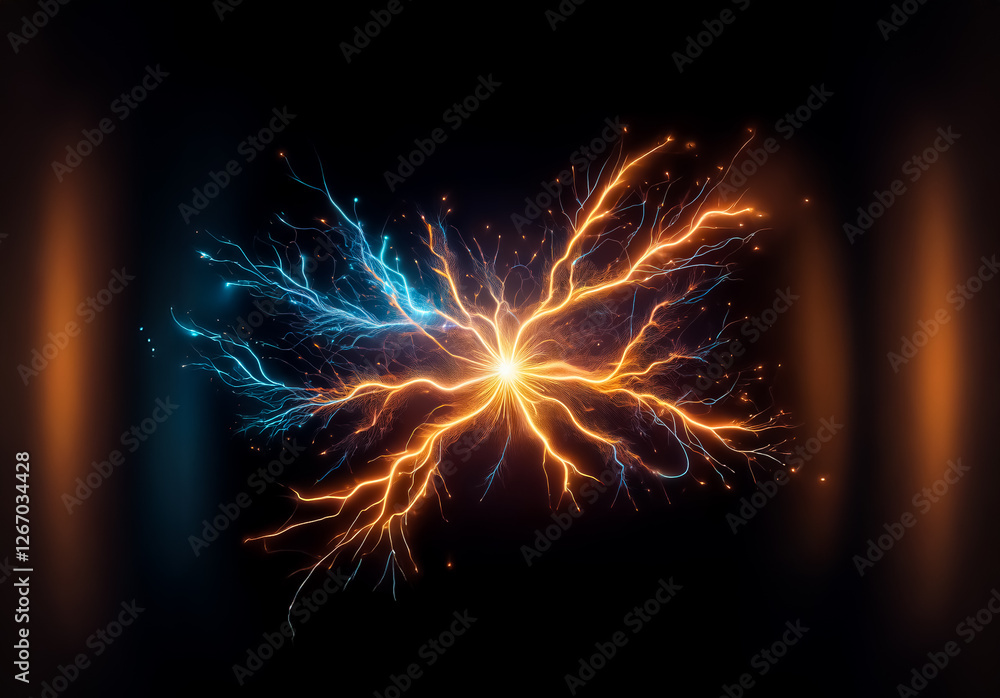 Poster bright center emits radiant orange and blue energy streams in a dark space. electrical discharge eff