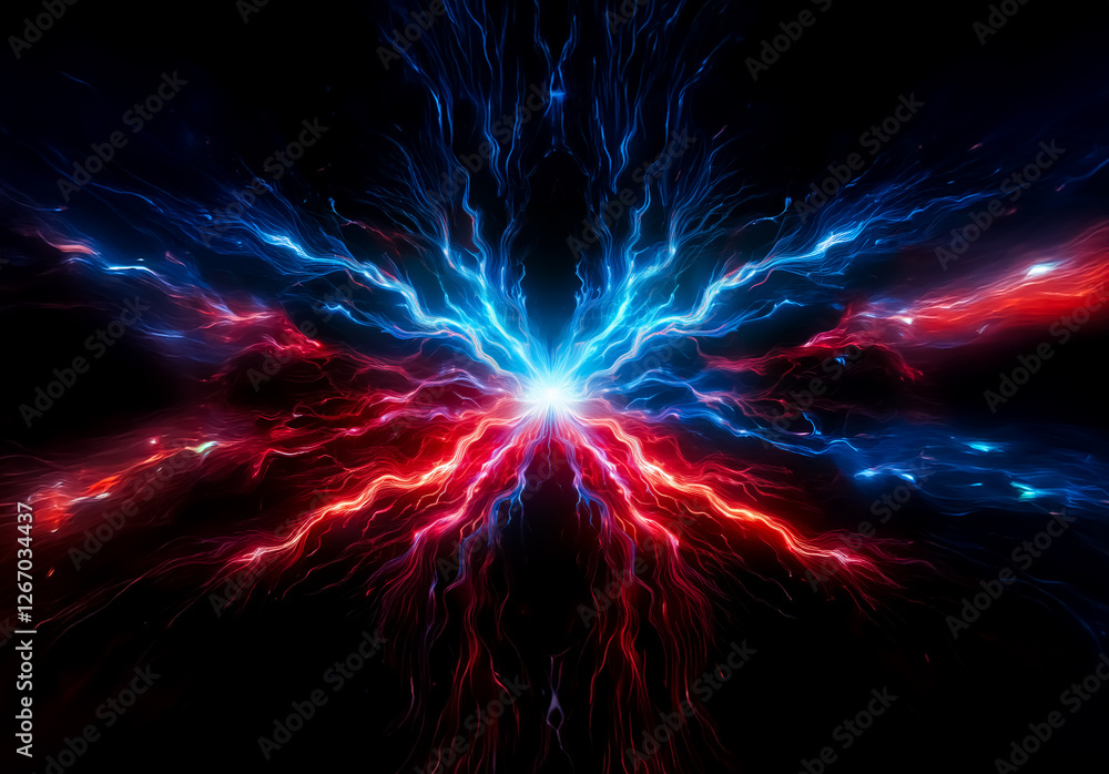 Aufkleber A vibrant burst of energy explodes outwards, with dynamic blue and red lightning streaks against a stark black backdrop, creating a powerful and electric display.