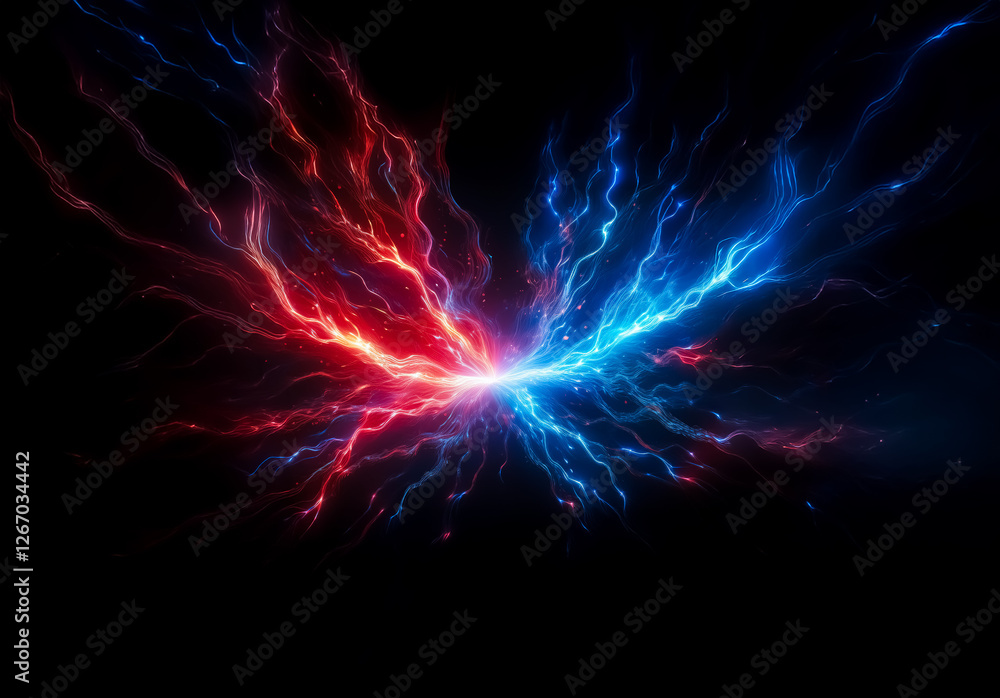 Poster two vibrant streams of red and blue energy clash and converge, creating a brilliant point of light a