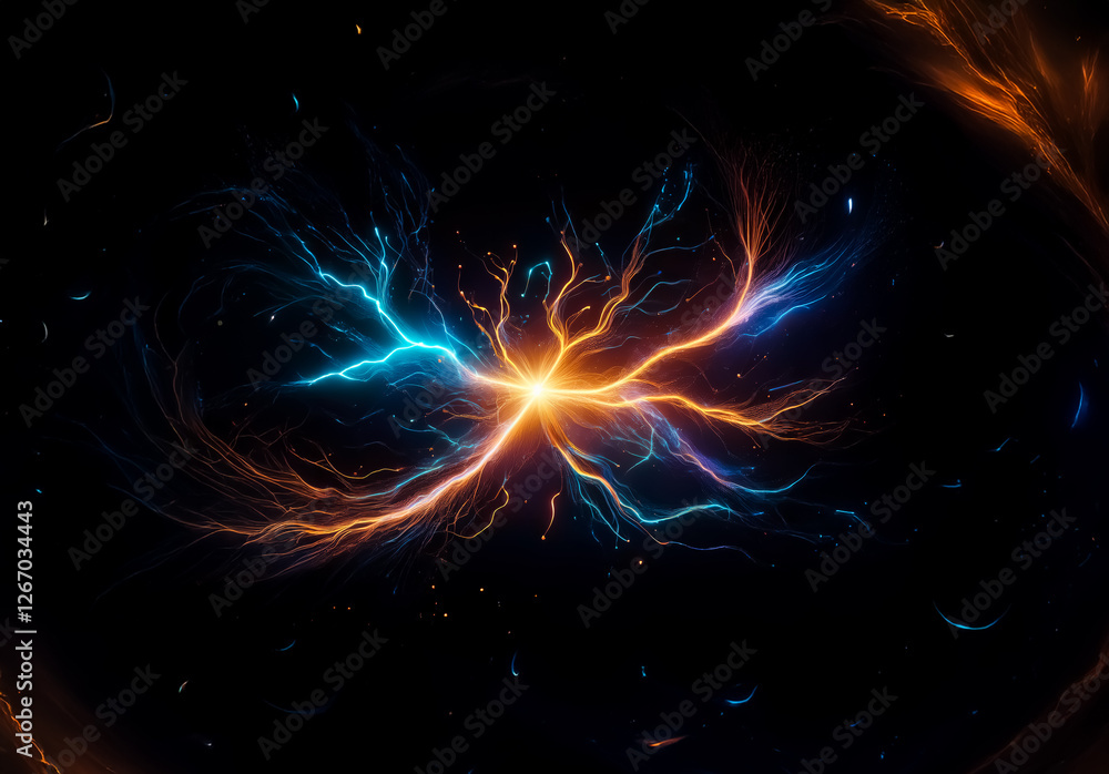Aufkleber abstract bright light source emitting dynamic blue and orange energy trails against a dark backdrop.