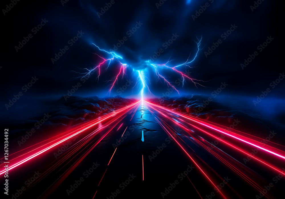 Aufkleber a dark road stretches into the distance, illuminated by red light trails and a powerful blue lightni