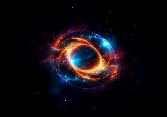 Obraz premium A luminous sphere encircled by a vibrant orange ring, set against a dark space filled with stars, showcasing an abstract cosmic energy.